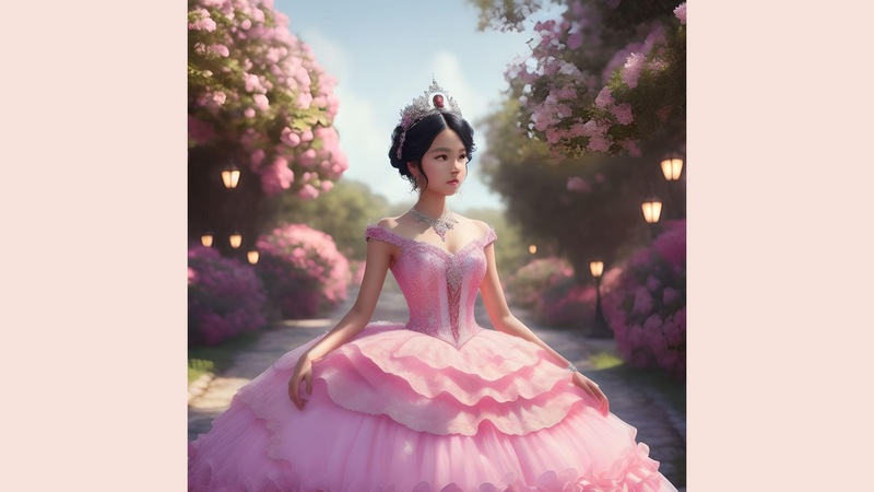 Visually captivating AI generated image of a dream Quinceañera dress.