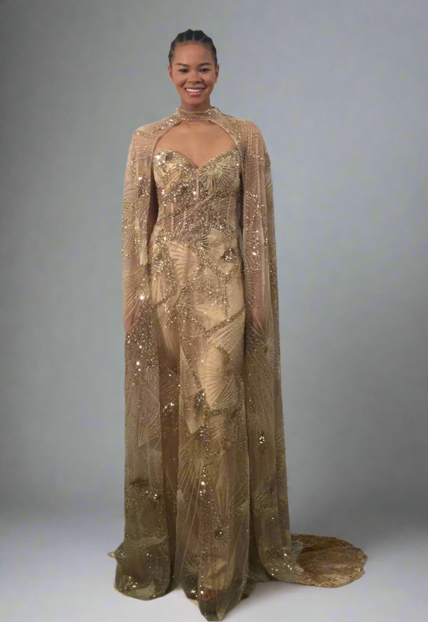 Jovani - 39214 - Embellished Gown with Sheer Cape Gold / 12 Jovani - 39214 - Embellished Gown with Sheer Cape Gold / 12