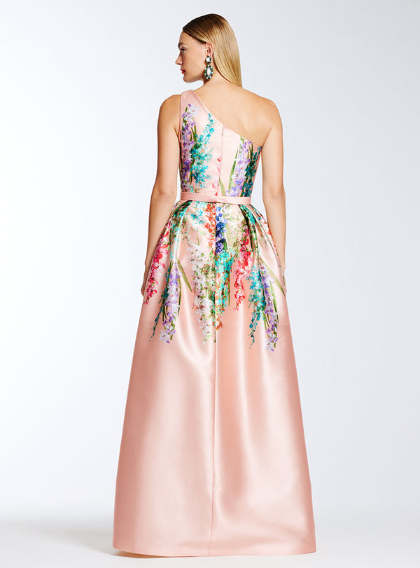 Elegant A-Line Mikado One Shoulder Sleeveless Dress from Frascara's Spring/Summer 2023 Collection, perfect for Couture, Evening Wear, or Mother of the Bride/Groom. Available at Madeline's Boutique in Toronto, Ontario and Boca Raton, Florida.  Back view of the dress.