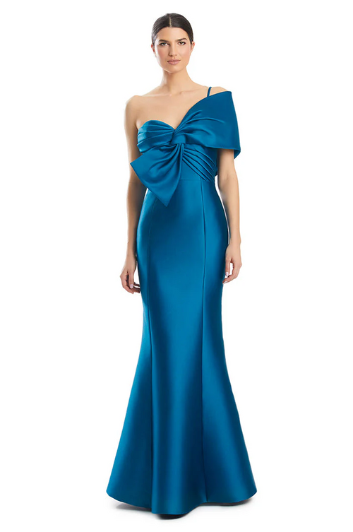 Alexander By Daymor 1977 Pleated Bodice Evening Dress - A sophisticated evening dress featuring a pleated bodice and knotted bust, perfect for evening events or mother of the bride or groom occasions.  The model is wearing the color storm blue.