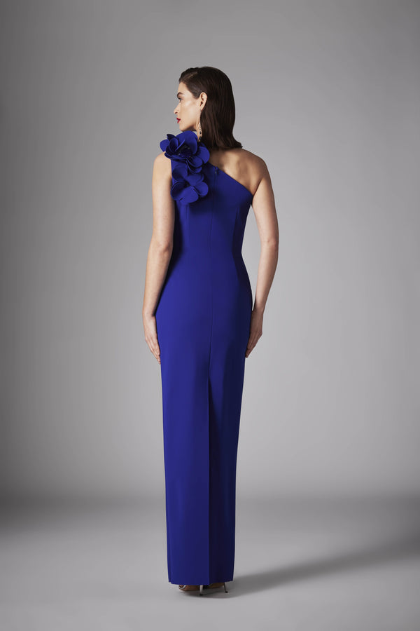 Frascara 4523 One Shoulder Jersey Gown - Stylish one-shoulder jersey gown with 3D flower embellishments. Back view in Lapis Blue