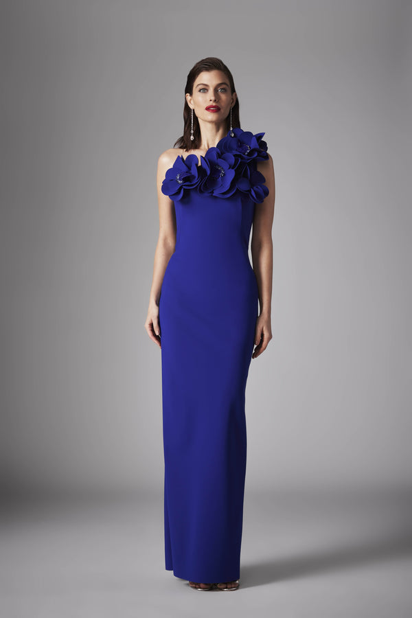 Frascara 4523 One Shoulder Jersey Gown - Stylish one-shoulder jersey gown with 3D flower embellishments. Front view in Lapis Blue