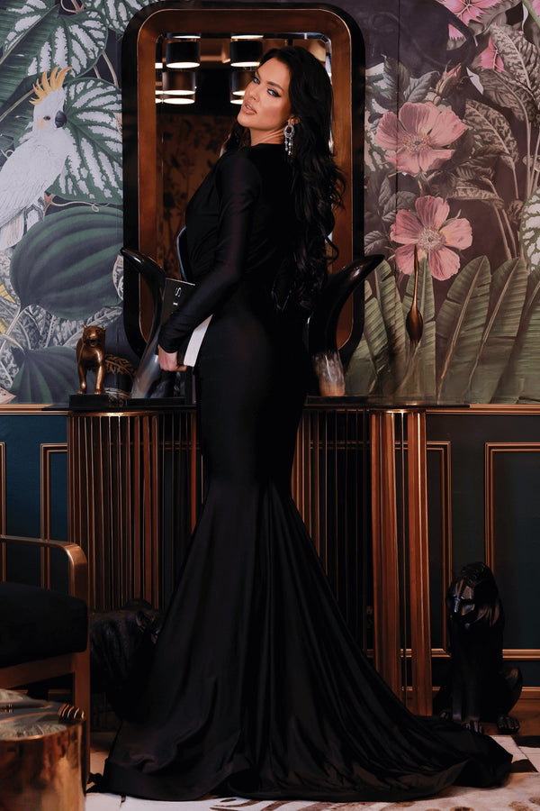 Jessica Angel 325 - A chic long sleeve jersey gown with a plunging v-neck, perfect for an elegant and alluring look at prom or evening events.