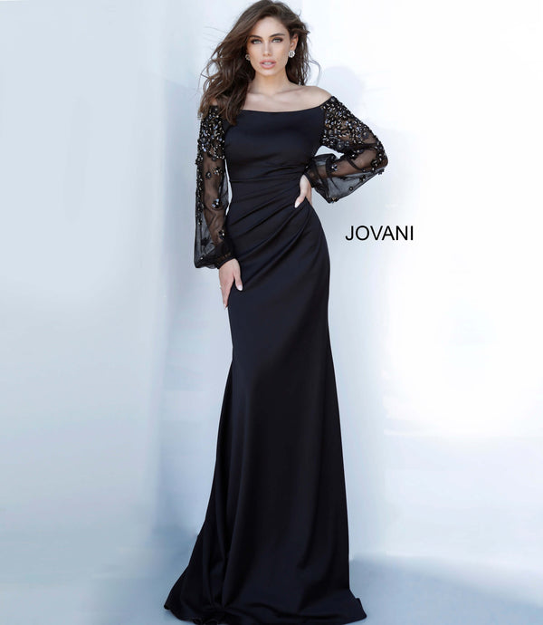 Jovani 1156 Column Gown with Beaded Illusion Bishop Sleeves - A sophisticated column gown with a bateau neckline, beaded illusion bishop sleeves, and ruched details. Ideal for mothers of the bride or groom and evening formal events.