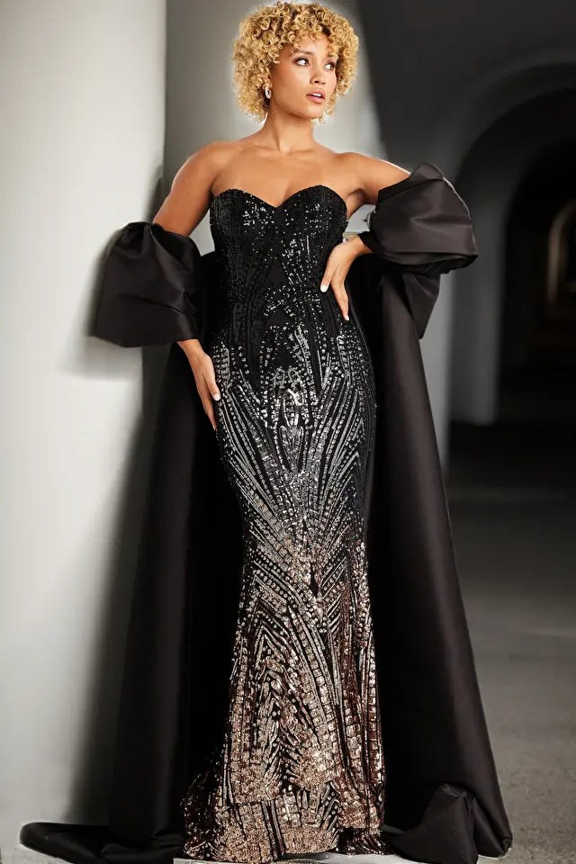Jovani - 38746 - Beaded Evening Gown with Satin Cape | Madeline's Black/Brown / 10 Jovani - 38746 - Beaded Evening Gown with Satin Cape | Madeline's Black/Brown / 10