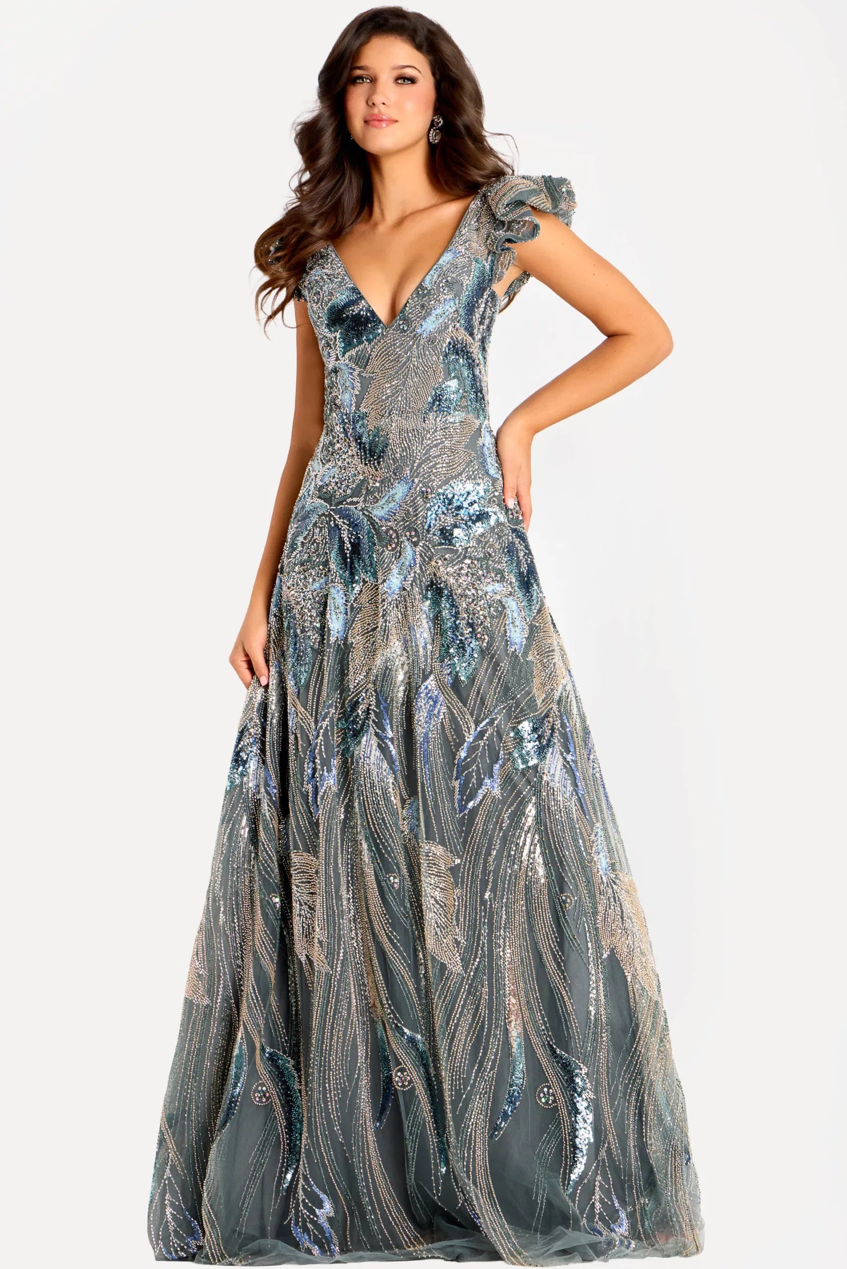 Jovani - 45942 - V-Neck Ruffled Cap Sleeve A-Line Gown Grey / 14