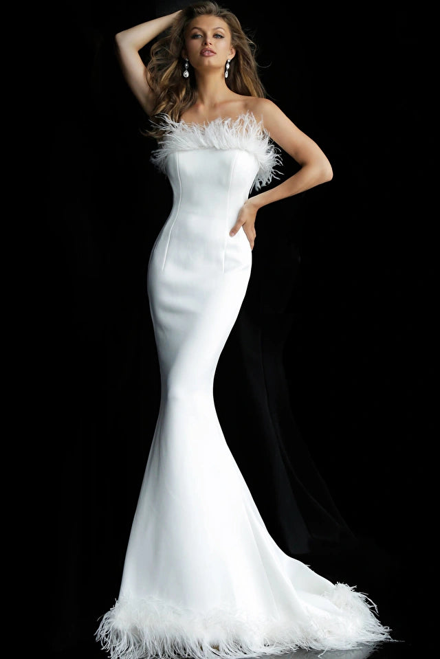 Jovani 63891 Strapless Feather Neckline Evening Dress
