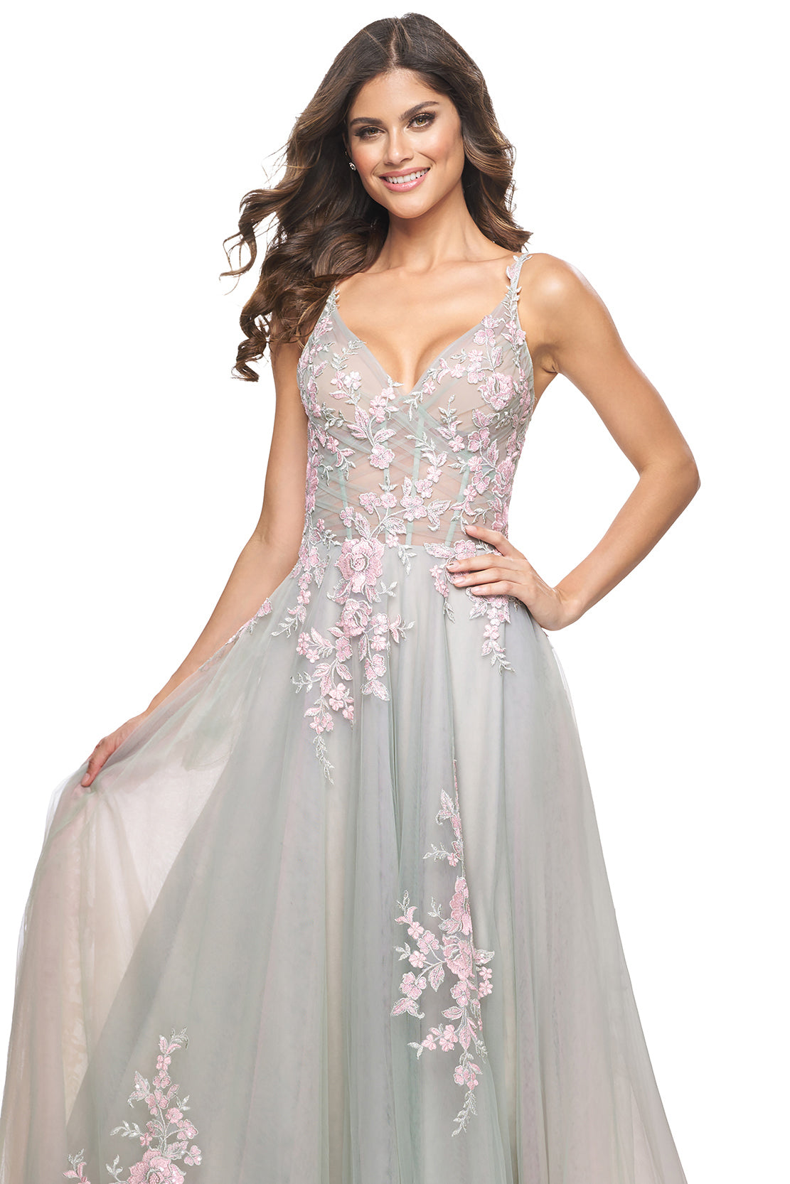La Femme - 31939 - Scattered Lace Applique A-Line Gown | Madeline's Sage / 0 La Femme - 31939 - Scattered Lace Applique A-Line Gown | Madeline's Sage / 0