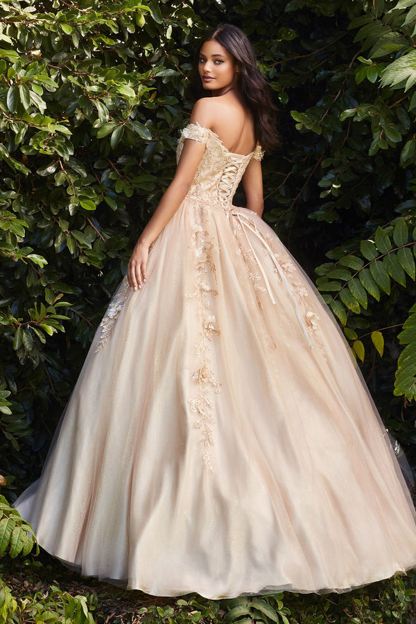 LaDivine CD0185 Quinceañera Dress - Off-the-shoulder A-line gown with sweetheart bodice, cap sleeves, and scattered floral appliques. Open lace-up corset back for added allure. Perfect for quinceañeras, Sweet 16 celebrations, and debutante balls.