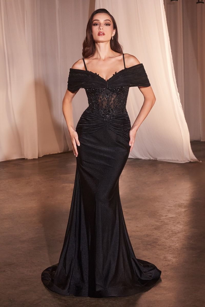 Ladivine - CD798 - Fitted Satin & Lace Gown with Off-the-Shoulder Acce Madeline's Boutique Boca Raton Ladivine - CD798 - Fitted Satin & Lace Gown with Off-the-Shoulder Acce Madeline's Boutique Boca Raton