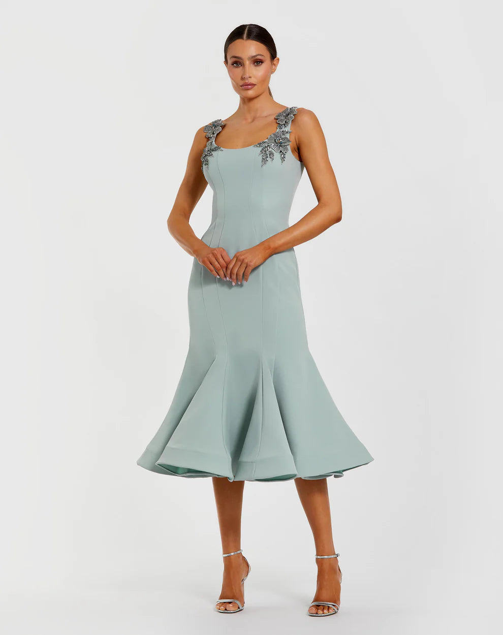 Mac Duggal Women's Sleeveless Midi Dress With Floral Embellishments - Blue - Size 8