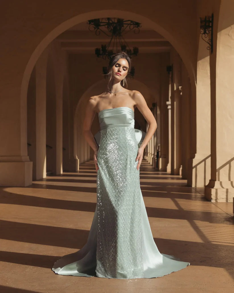 Mac Duggal Women's Strapless Embellished Gown with Back Bow Detail - Green - Size 12 - Sage Mac Duggal Women's Strapless Embellished Gown with Back Bow Detail - Green - Size 12 - Sage