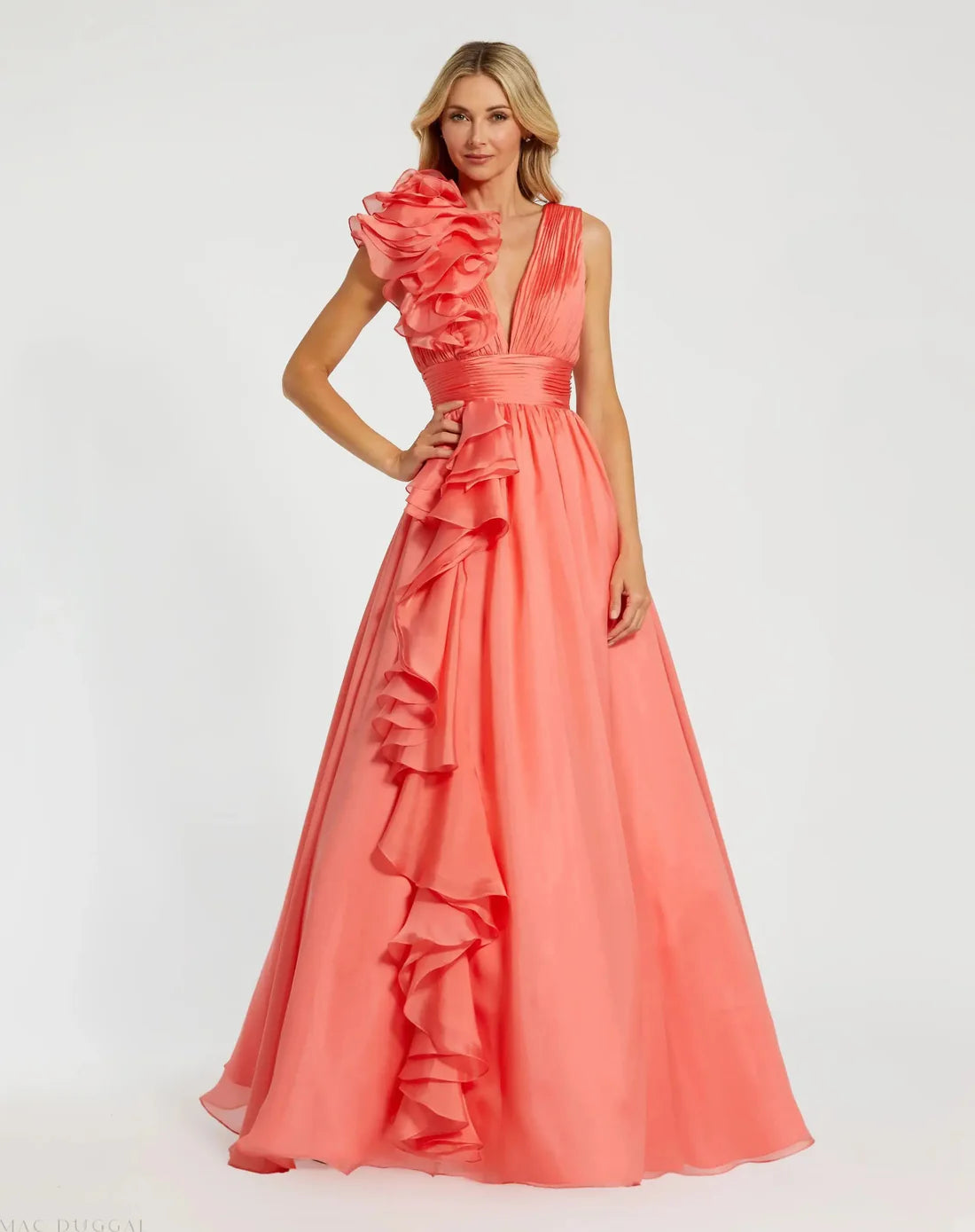 open lace back dress Mac Duggal Women's Pleated Charmeuse One Shoulder Ruffle Gown - Red