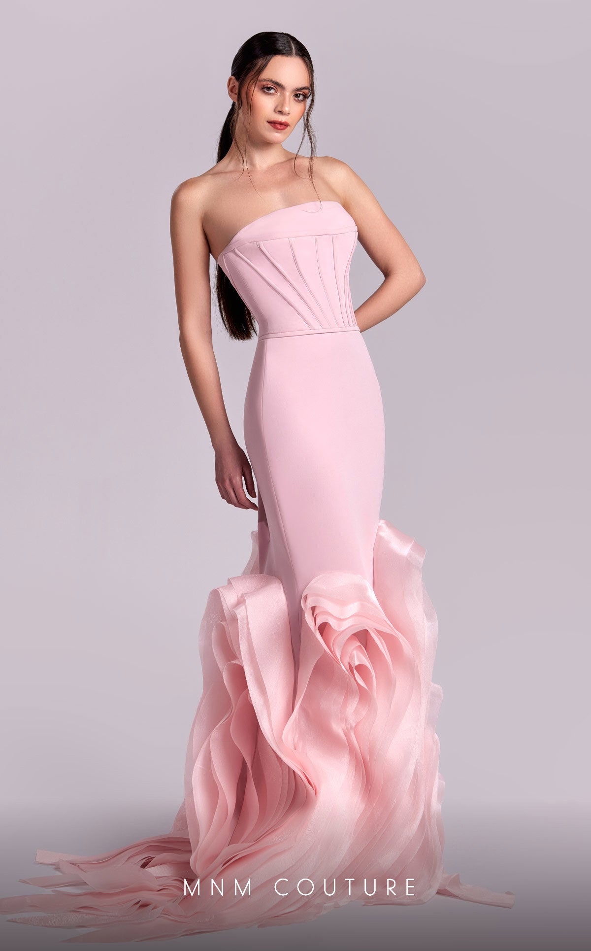 MNM Couture - G1825 - Crepe Gown with Organza Flourish Hem Madeline's Boutique Boca Raton MNM Couture - G1825 - Crepe Gown with Organza Flourish Hem Madeline's Boutique Boca Raton