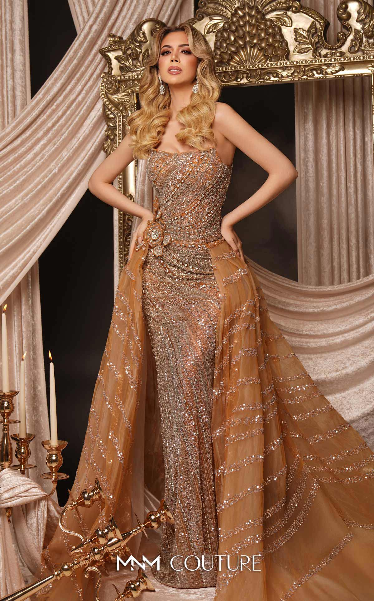MNM Couture - M1186 - Strapless Beaded Gown with Detachable Overskirt   Madeline's Boutique Boca Raton