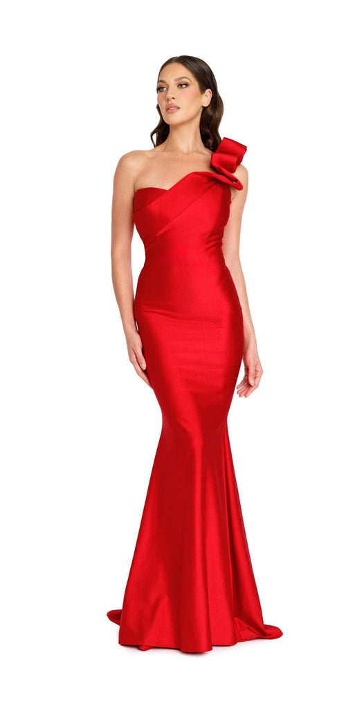  Nicole Bakti 7356 Ribbon Shoulder Detail Evening Dress - An elegant evening dress featuring ribbon shoulder detail, pleated bodice with an asymmetrical one-shoulder neckline, bow strap, and long silhouette for modern sophistication.