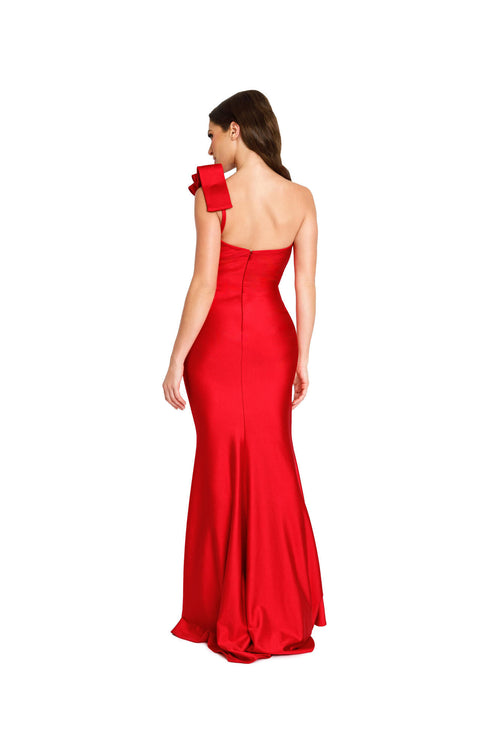  Nicole Bakti 7356 Ribbon Shoulder Detail Evening Dress - An elegant evening dress featuring ribbon shoulder detail, pleated bodice with an asymmetrical one-shoulder neckline, bow strap, and long silhouette for modern sophistication.