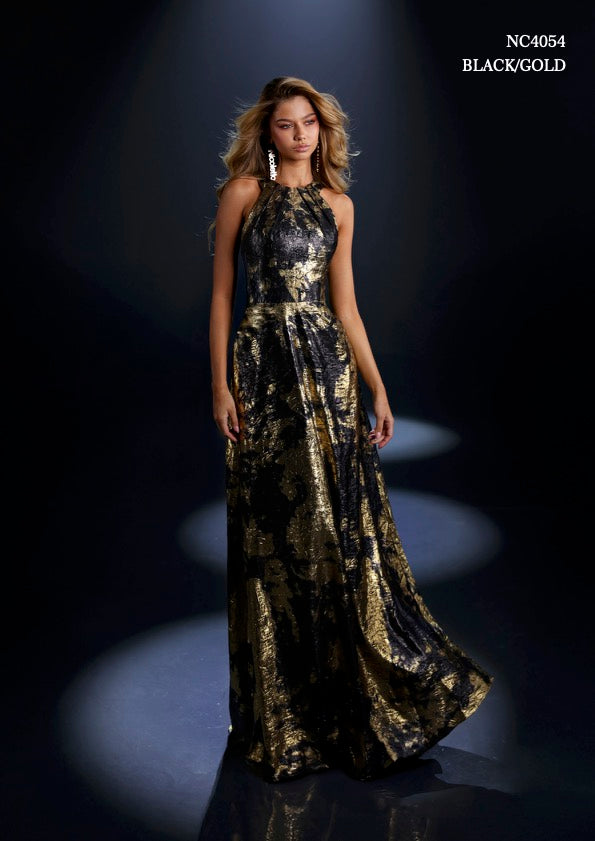 Nicoletta - NC4054 - Halter Neck A-Line Evening Gown Black-Gold / 18