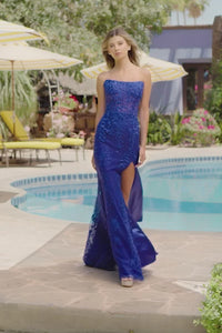Sherri Hill 55832 Strapless Leaf Lace Prom Gown - A stunning prom gown featuring strapless leaf lace embroidery, a corset bodice, straight neckline, and skirt slit for an enchanting and sophisticated look.  This is a video of the model wearing the dress by Sherri Hill.
