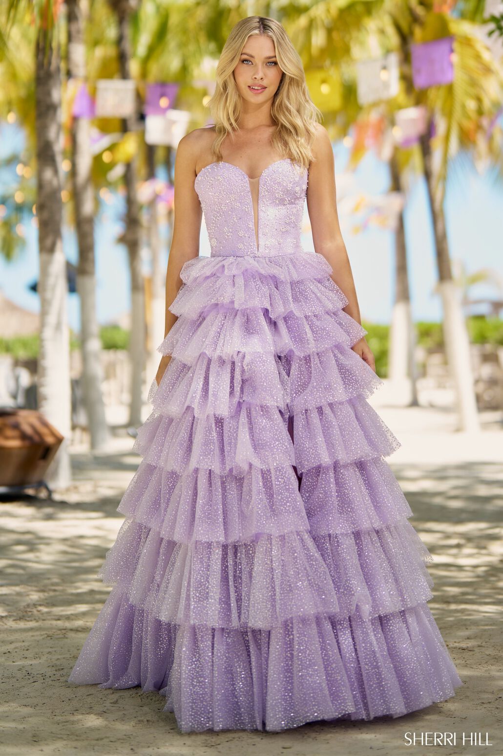 fitted lace wedding dress Purple Strapless Ruffle Long Prom Dress with Slit – Dressesforparty main image 0