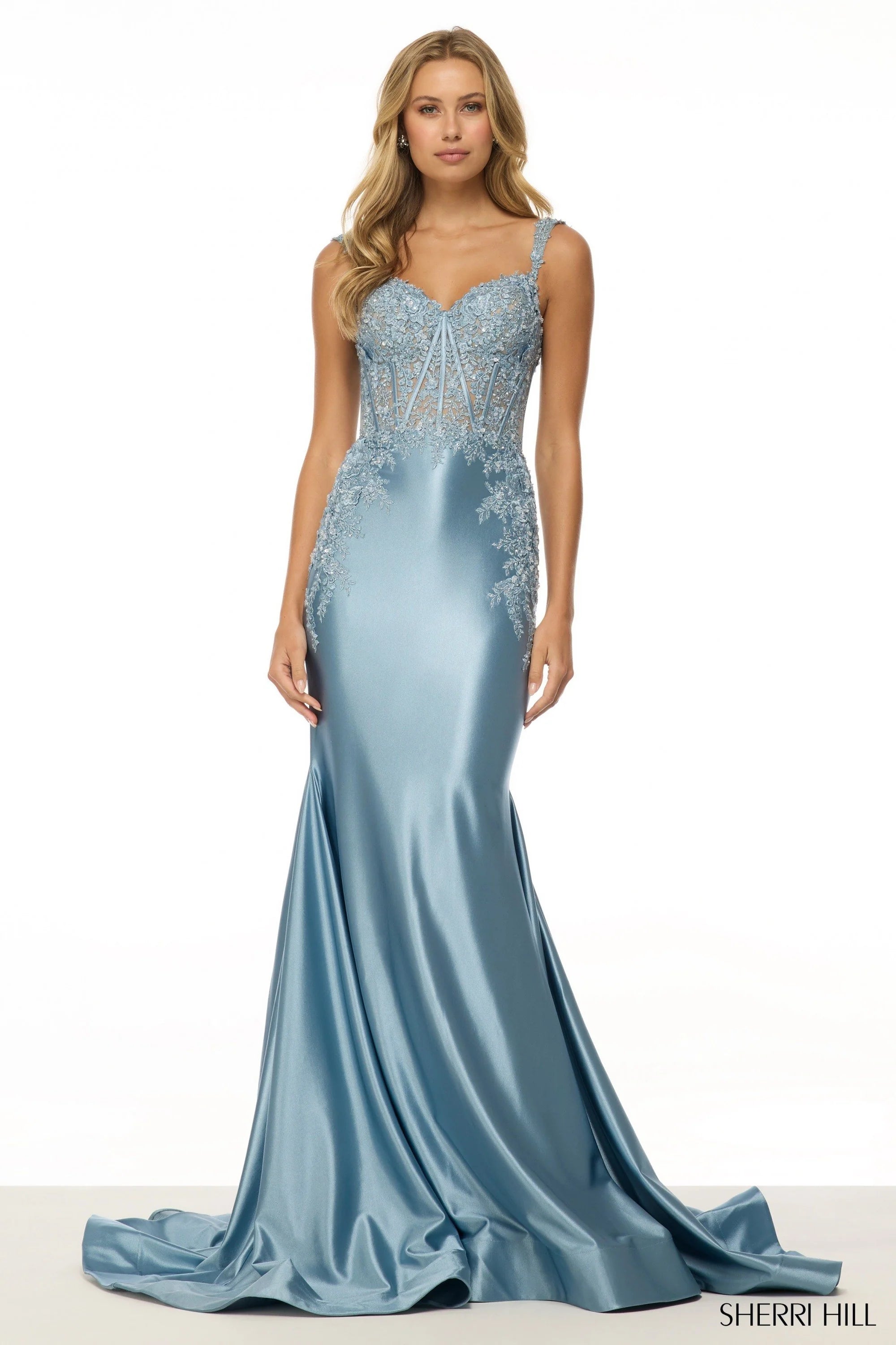SHERRI HILL - 57132 - Fitted Lace Corset Prom Gown Vintage Blue / 2 SHERRI HILL - 57132 - Fitted Lace Corset Prom Gown Vintage Blue / 2