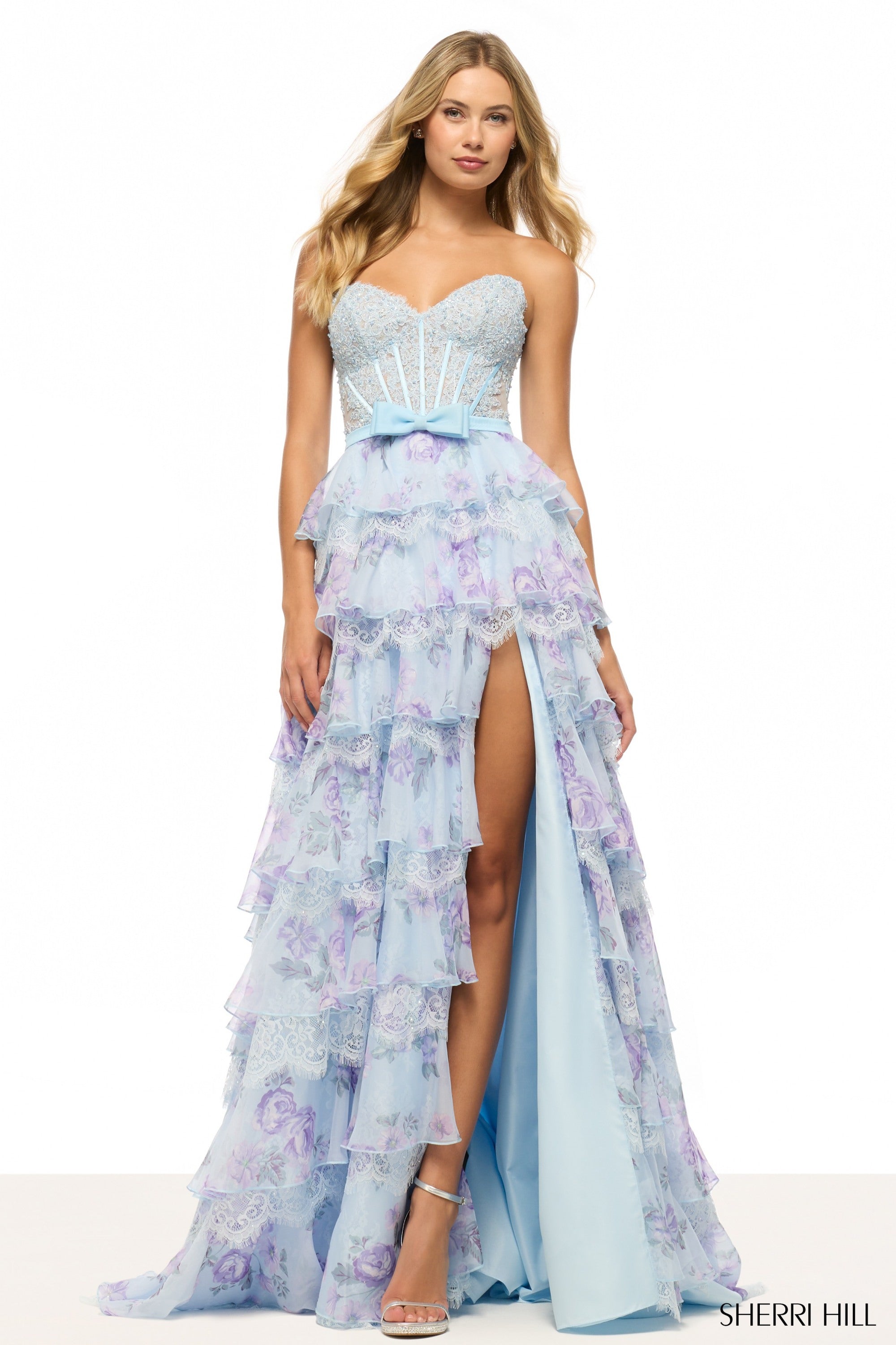 Sherri Hill - 57908 - A-Line Gown with Corset Bodice and Slit Madeline's Boutique Boca Raton Sherri Hill - 57908 - A-Line Gown with Corset Bodice and Slit Madeline's Boutique Boca Raton