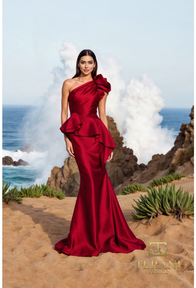 Terani Couture - 252E5546 - Fit and Flare Gown with Peplum Detail Navy / 16 Terani Couture - 252E5546 - Fit and Flare Gown with Peplum Detail Navy / 16