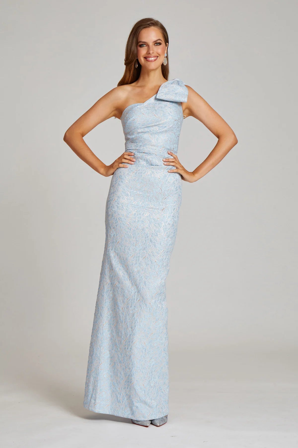 TERI JON 239053 - One Shoulder With Bow Stretch Jacquard Column Gown TERI JON 239053 - One Shoulder With Bow Stretch Jacquard Column Gown