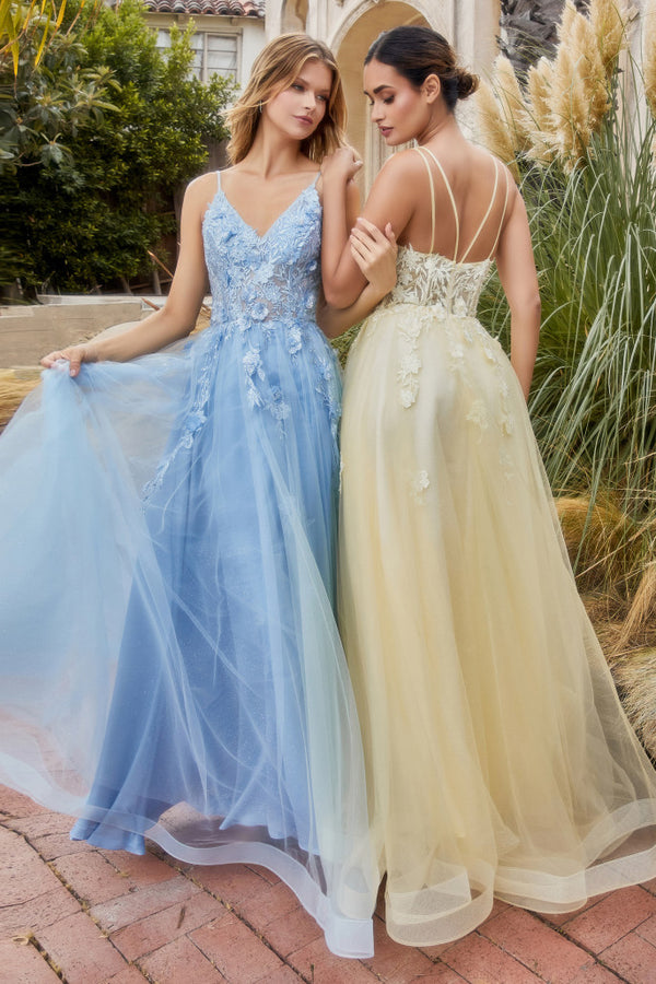 Andrea & Leo A1191 Alicia 3D Floral Applique Embroidery Gown with A-Line Silhouette, Thin Straps, Tulle Skirt, and Lace V-Neckline Bodice.  Colors Paris Blue and Yellow