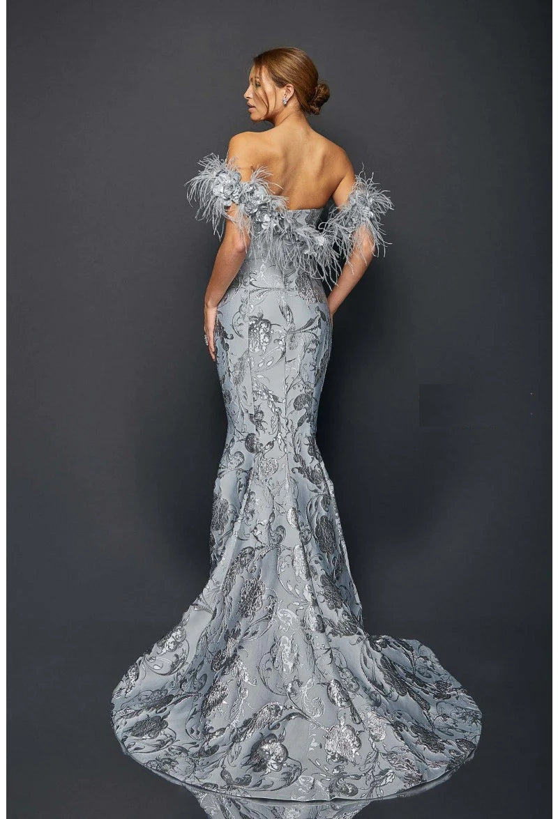 Terani 1921E0136 - Striking Flower And Feather Strapless Evening Gown –  Madeline's Boutique