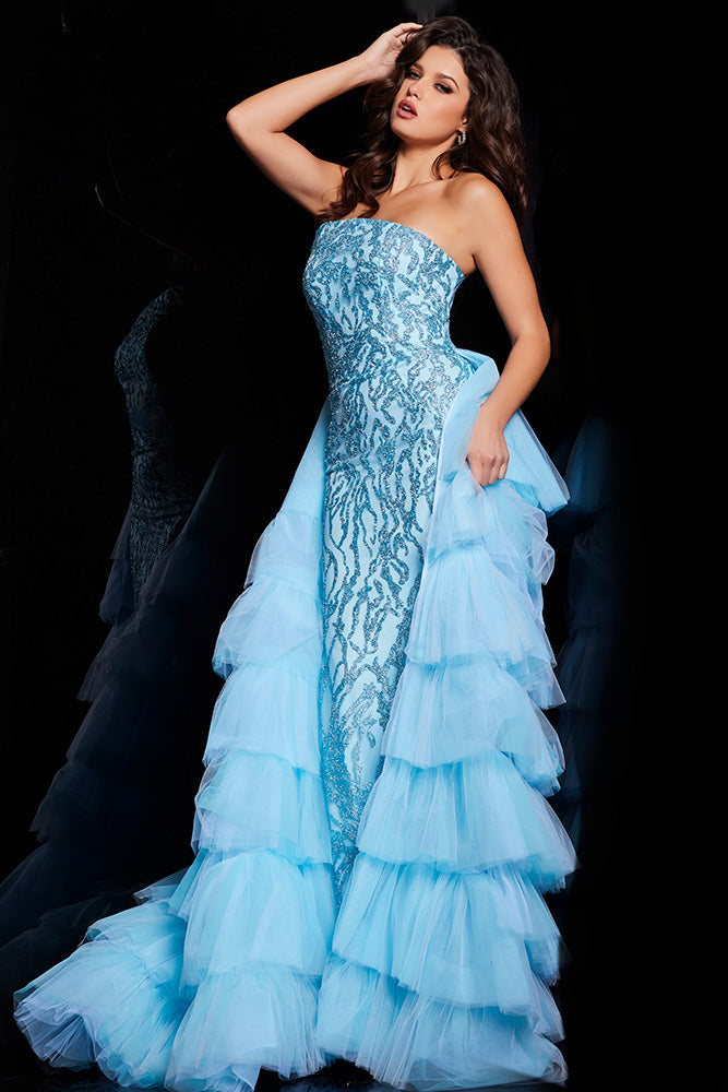 Jovani 26119 Glitter Embellished Strapless Formal Evening Gown - A captivating gown featuring glitter embellishments, a fitted silhouette, and a layered tulle overskirt. Perfect for formal evening occasions and prom for a glamorous and enchanting look.
