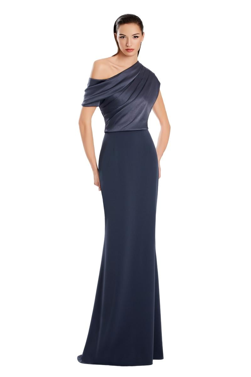 Model wearing Alexander by Daymor 3083S25 one-shoulder draped gown with floor-length skirt, perfect for formal occasions and weddings.