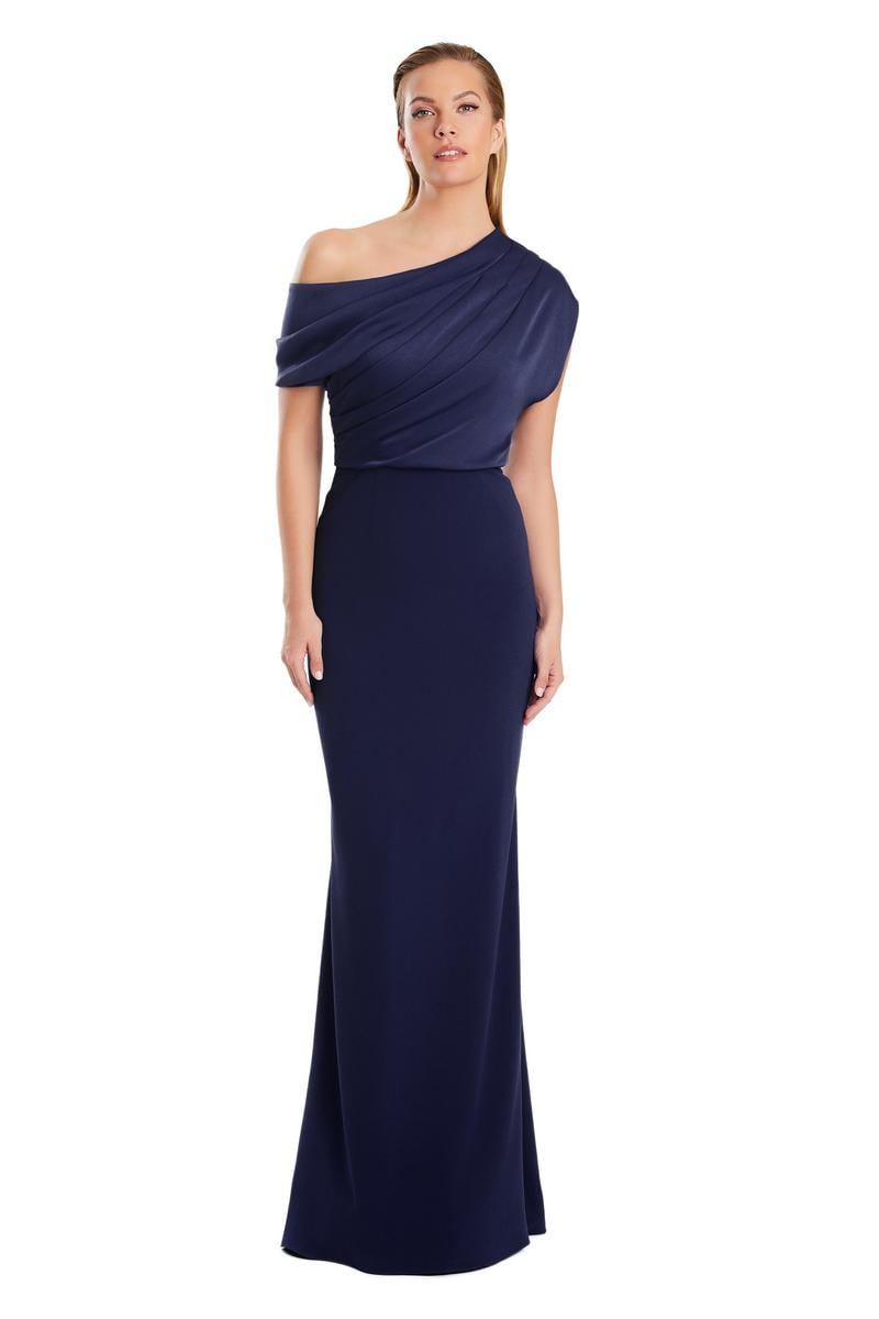 Model wearing Alexander by Daymor 3083S25 one-shoulder draped gown with floor-length skirt, perfect for formal occasions and weddings.