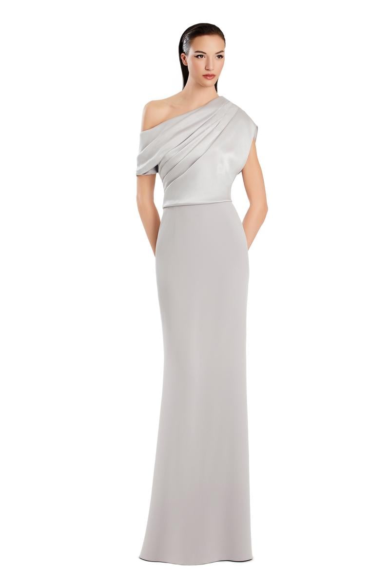 Model wearing Alexander by Daymor 3083S25 one-shoulder draped gown with floor-length skirt, perfect for formal occasions and weddings.