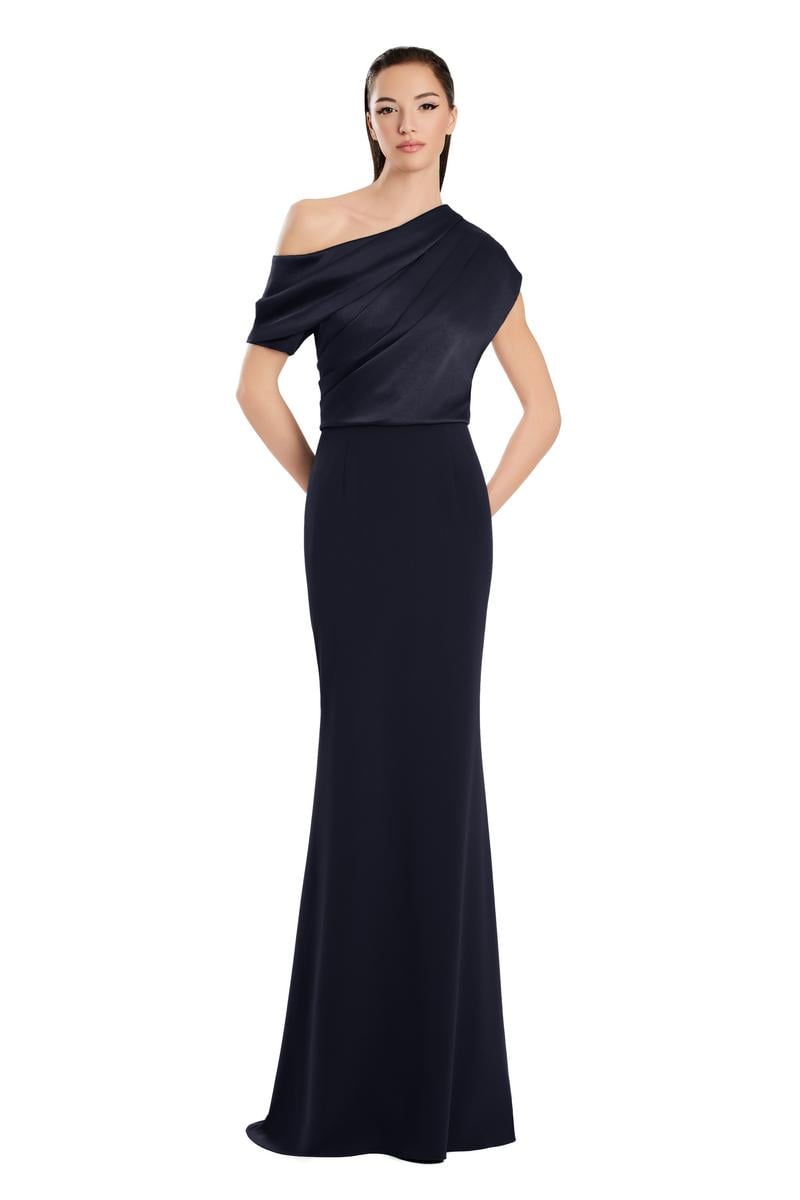 Model wearing Alexander by Daymor 3083S25 one-shoulder draped gown with floor-length skirt, perfect for formal occasions and weddings.