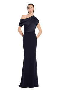 Model wearing Alexander by Daymor 3083S25 one-shoulder draped gown with floor-length skirt, perfect for formal occasions and weddings.