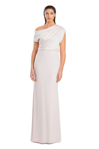 Model wearing Alexander by Daymor 3083S25 one-shoulder draped gown with floor-length skirt, perfect for formal occasions and weddings.