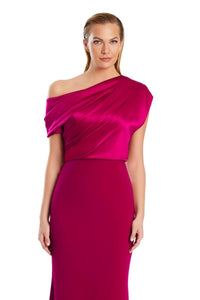 Model wearing Alexander by Daymor 3083S25 one-shoulder draped gown with floor-length skirt, perfect for formal occasions and weddings.