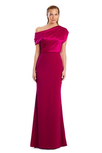 Model wearing Alexander by Daymor 3083S25 one-shoulder draped gown with floor-length skirt, perfect for formal occasions and weddings.