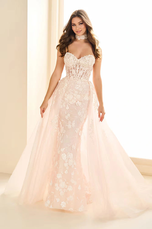 Ellie Wilde EW36028 Corset Gown with Detachable Train & Choker - Elegant prom gown featuring a corset bodice, choker, three-dimensional flowers, and a detachable train.  Model is wearing the dress in the color petal.  This is a front view.