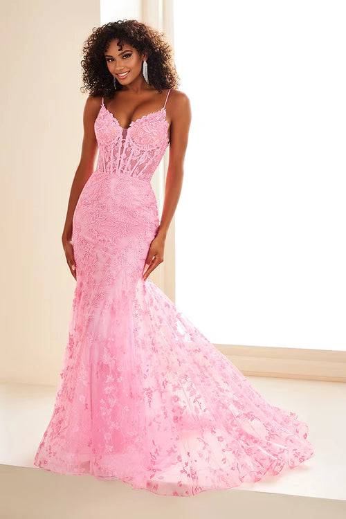 Ellie Wilde EW36008 Corset Bodice Gown in light yellow with lace-up back and glitter tulle details. Perfect for prom.  Model is wearing candy pink.