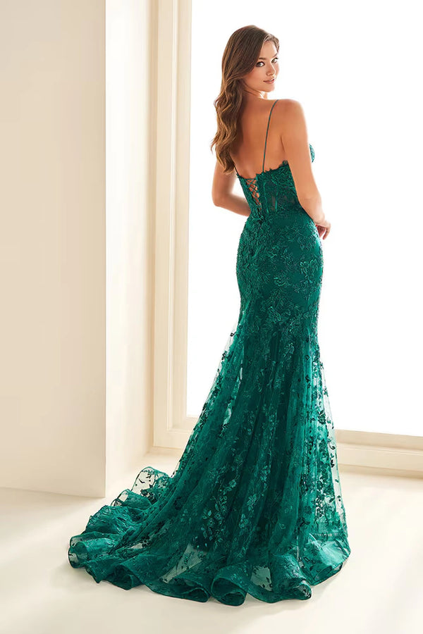 Ellie Wilde EW36008 Corset Bodice Gown in light yellow with lace-up back and glitter tulle details. Perfect for prom.  Model is wearing emerald.  Back View.