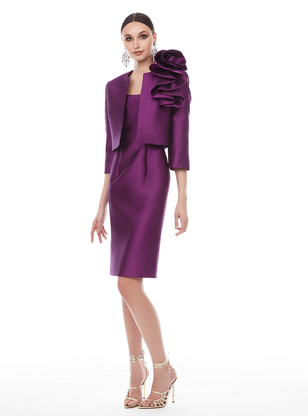 Frascara 4335 Two Piece Column Silk Cocktail Dress with Ruffle Details and Bolero Jacket - Fall/Winter 2022 Collection - Perfect for Special Occasions, Black Tie Events, and Nights Out - Available at Sole by Madeline's Boutique in Toronto and Boca Raton - Front View