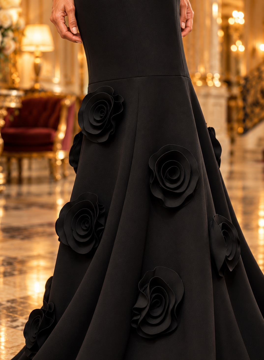 A close-up of a black mermaid-style gown with large 3D rosette flower appliqués on the skirt, shown on a model in an opulent, warmly lit interior with gold-toned columns and a red velvet chair in the background.