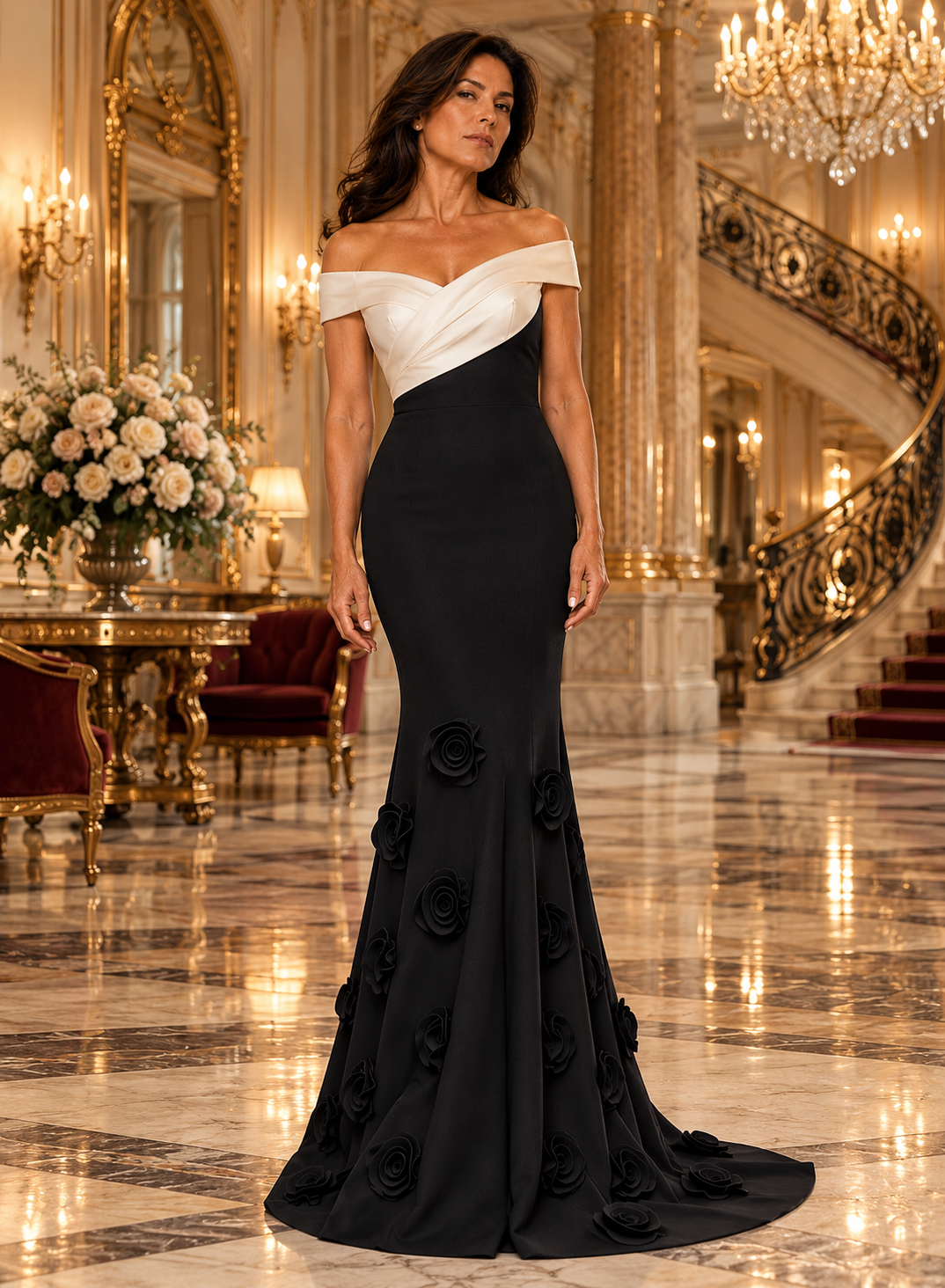 A woman models an elegant off-the-shoulder evening gown in a grand, luxurious hall with marble floors, gold columns, and a staircase. The dress features a contrasting white and black color-blocked bodice with black 3D rose appliqués cascading down the skirt.
