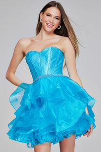 Jovani K39311 TURQUOISE Strapless Ruffle Mini Dress with Sparkling Bodice and Tiered Skirt