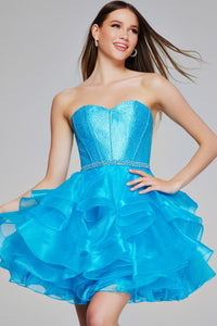 Jovani K39311 TURQUOISE Strapless Ruffle Mini Dress with Sparkling Bodice and Tiered Skirt