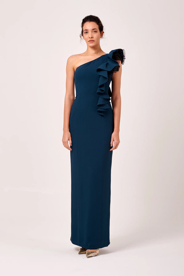Stunning one-shoulder column dress by John Paul Ataker (style 3725) with ruffled accents and a sexy slit at the back. Ankle-length and perfect for any formal occasion. Sold by Madeline's Boutique in Toronto, Canada and Boca Raton, Florida.  Picture is front view of dress.