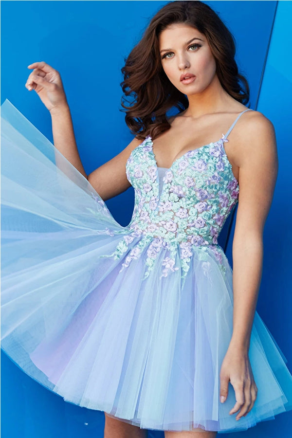 Jovani 05282 Multi Floral Embroidered Tulle Cocktail Dress - A captivating cocktail dress with an enchanting bodice featuring intricate multi-floral embroidery. The ethereal tulle skirt adds a touch of whimsy, perfect for cocktail parties and homecoming events.