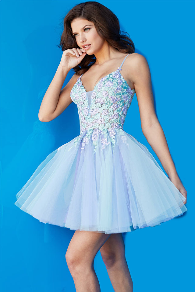 Jovani 05282 Multi Floral Embroidered Tulle Cocktail Dress - A captivating cocktail dress with an enchanting bodice featuring intricate multi-floral embroidery. The ethereal tulle skirt adds a touch of whimsy, perfect for cocktail parties and homecoming events.